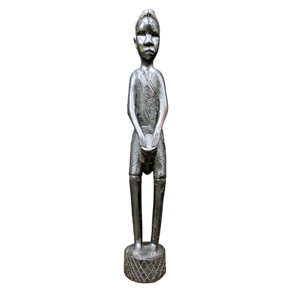 Vintage Carved Wood African Tribal Drummer - Wooden Statue Sculpture 12.5"